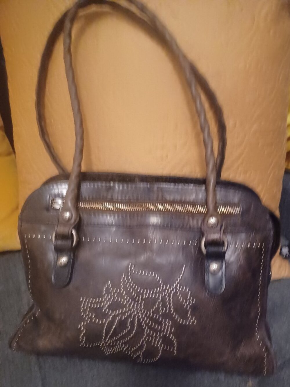 Patricia Nash Studded Distressed Calvi Satchel Genuine Leather Choc Brn/Silver